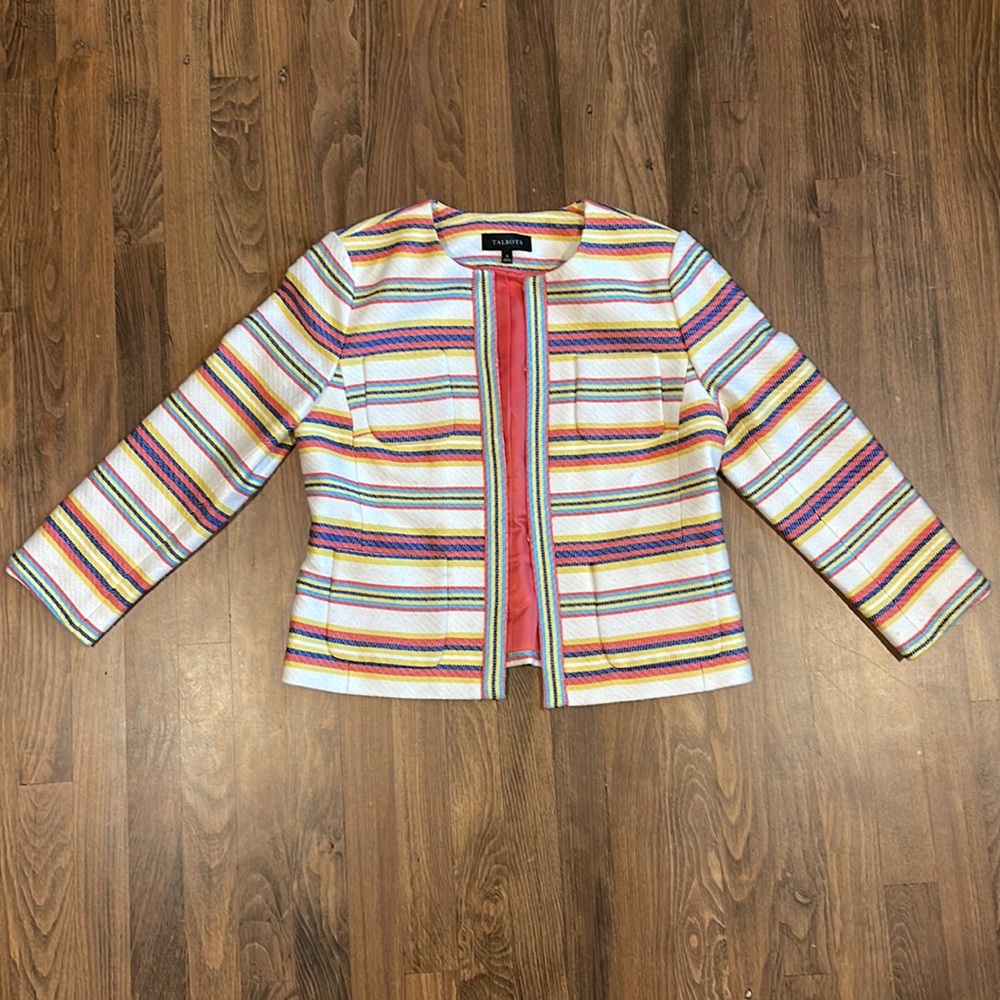 NWOT TALBOTS RAINBOW HORIZONTAL STRIPED POCKET BLAZER LINED COTTON SUMMER SZ 8